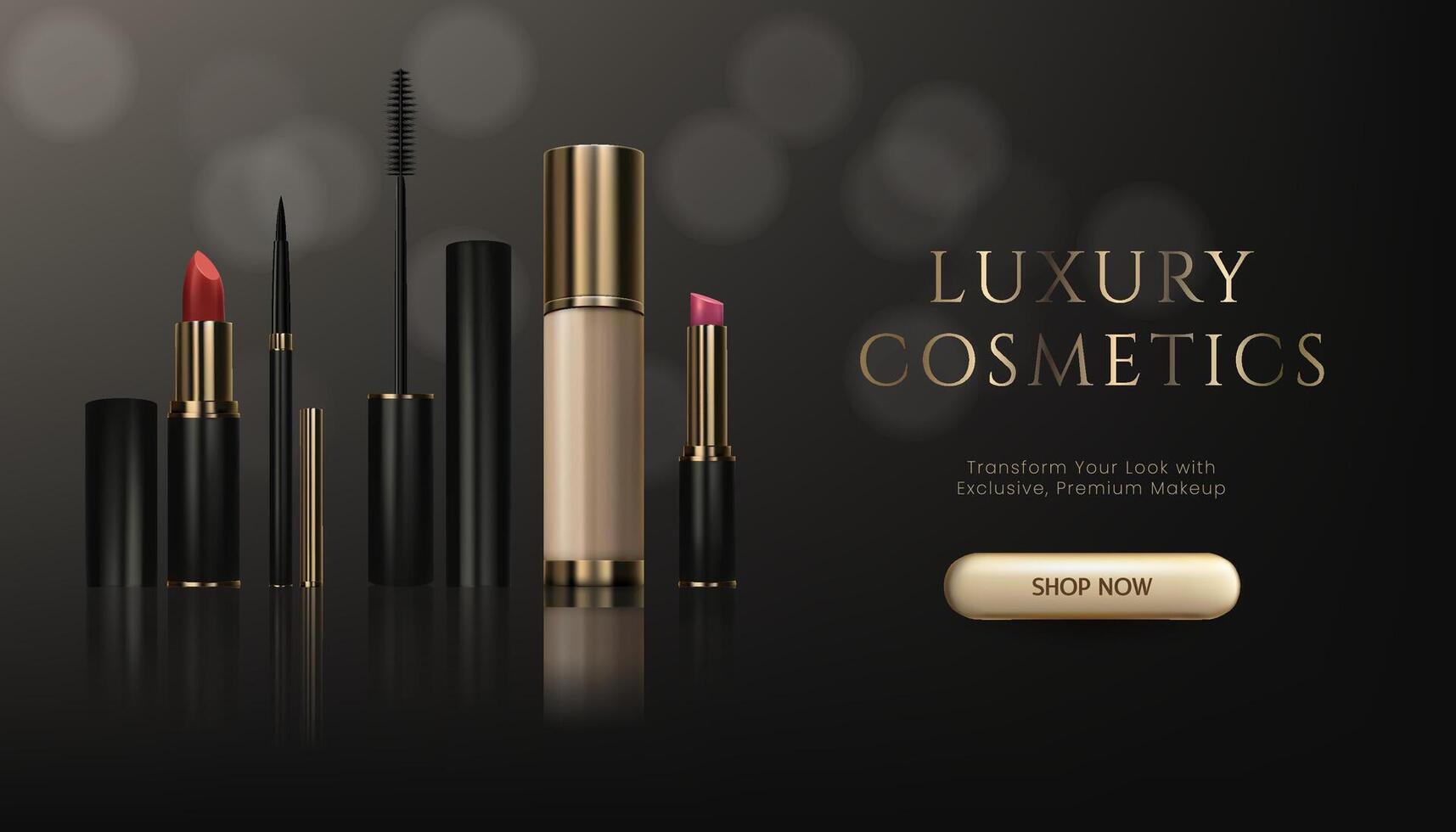 Contact Us a 3d realistic banner for makeup products like lipstick mascara brush eyeliner foundation cream with reflection elegant design in black gold tones with bokeh perfect for cosmetic ads not ai free vector