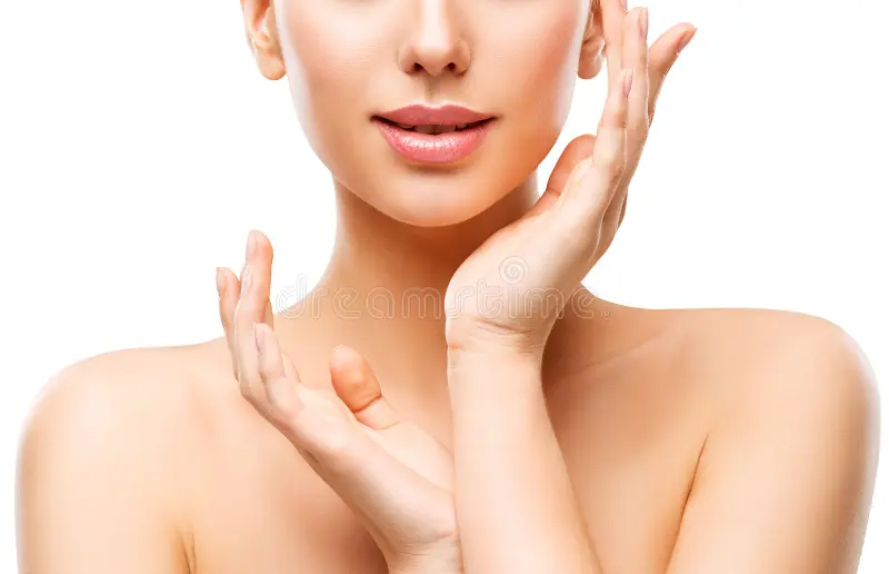 Our Products beauty natural skin care woman touching face hand young girl white isolated over background 139857631